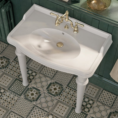 Rectangular Console Sink With Integrated Oval Bowl, Backsplash, Ceramic Leg Support and Overflow
