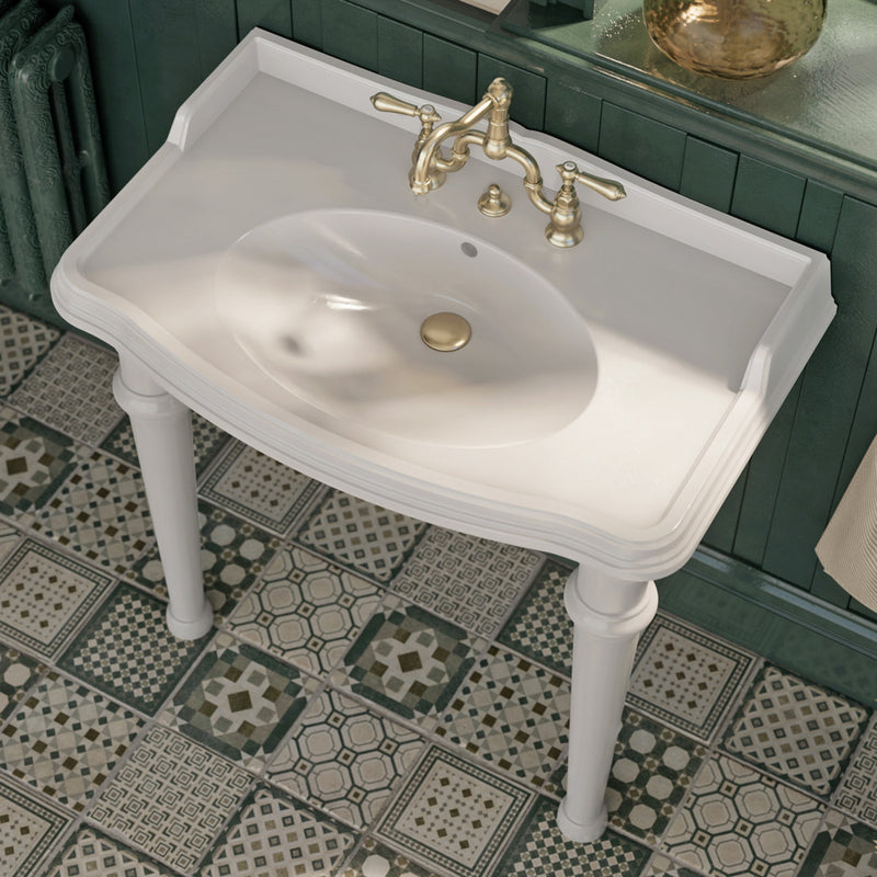 Rectangular Console Sink With Integrated Oval Bowl, Backsplash, Ceramic Leg Support and Overflow