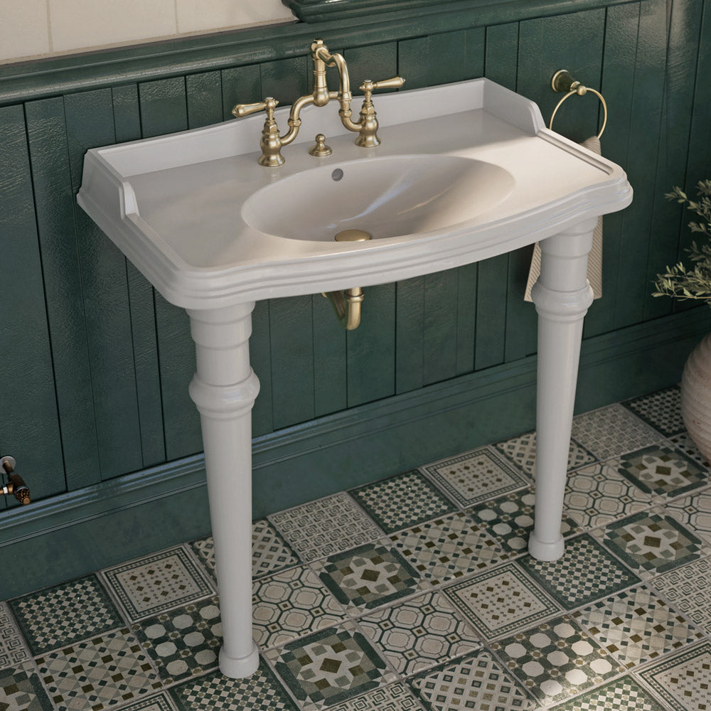 Rectangular Console Sink With Integrated Oval Bowl, Backsplash, Ceramic Leg Support and Overflow
