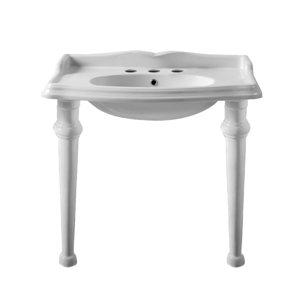 Rectangular Console Sink With Integrated Oval Bowl, Backsplash, Ceramic Leg Support and Overflow