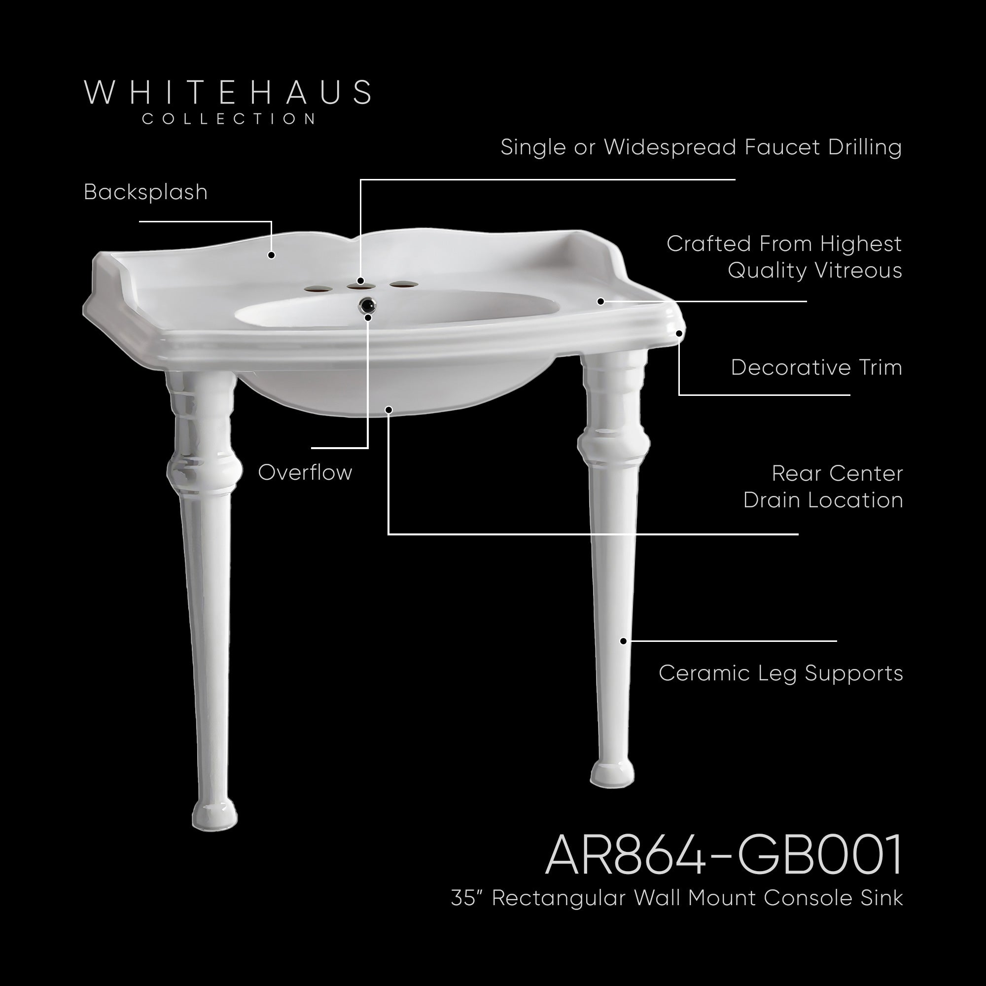 Rectangular Console Sink With Integrated Oval Bowl, Backsplash, Ceramic Leg Support and Overflow
