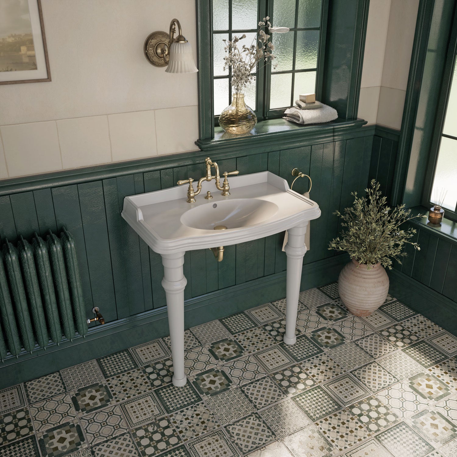 Rectangular Console Sink With Integrated Oval Bowl, Backsplash, Ceramic Leg Support and Overflow