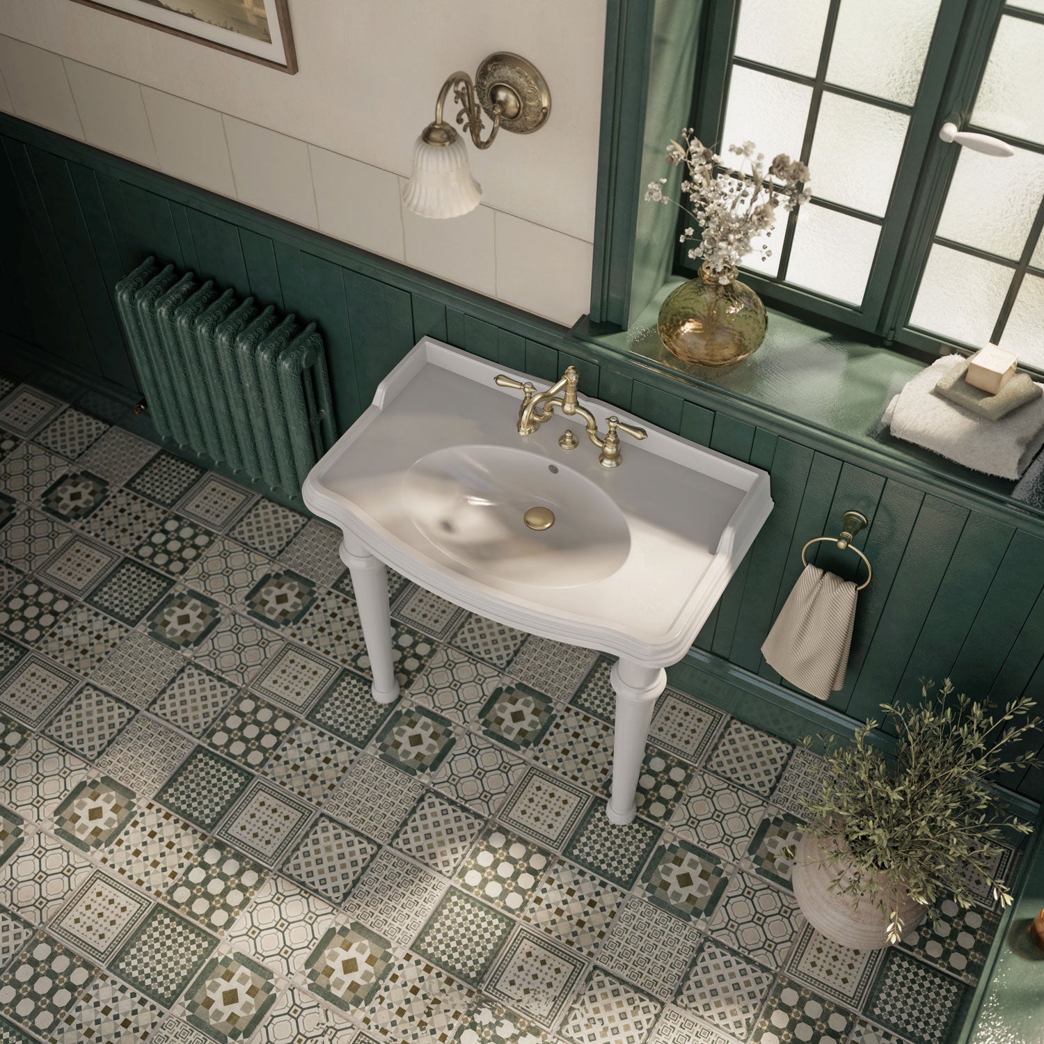 Rectangular Console Sink With Integrated Oval Bowl, Backsplash, Ceramic Leg Support and Overflow