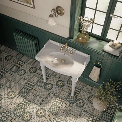 Rectangular Console Sink With Integrated Oval Bowl, Backsplash, Ceramic Leg Support and Overflow