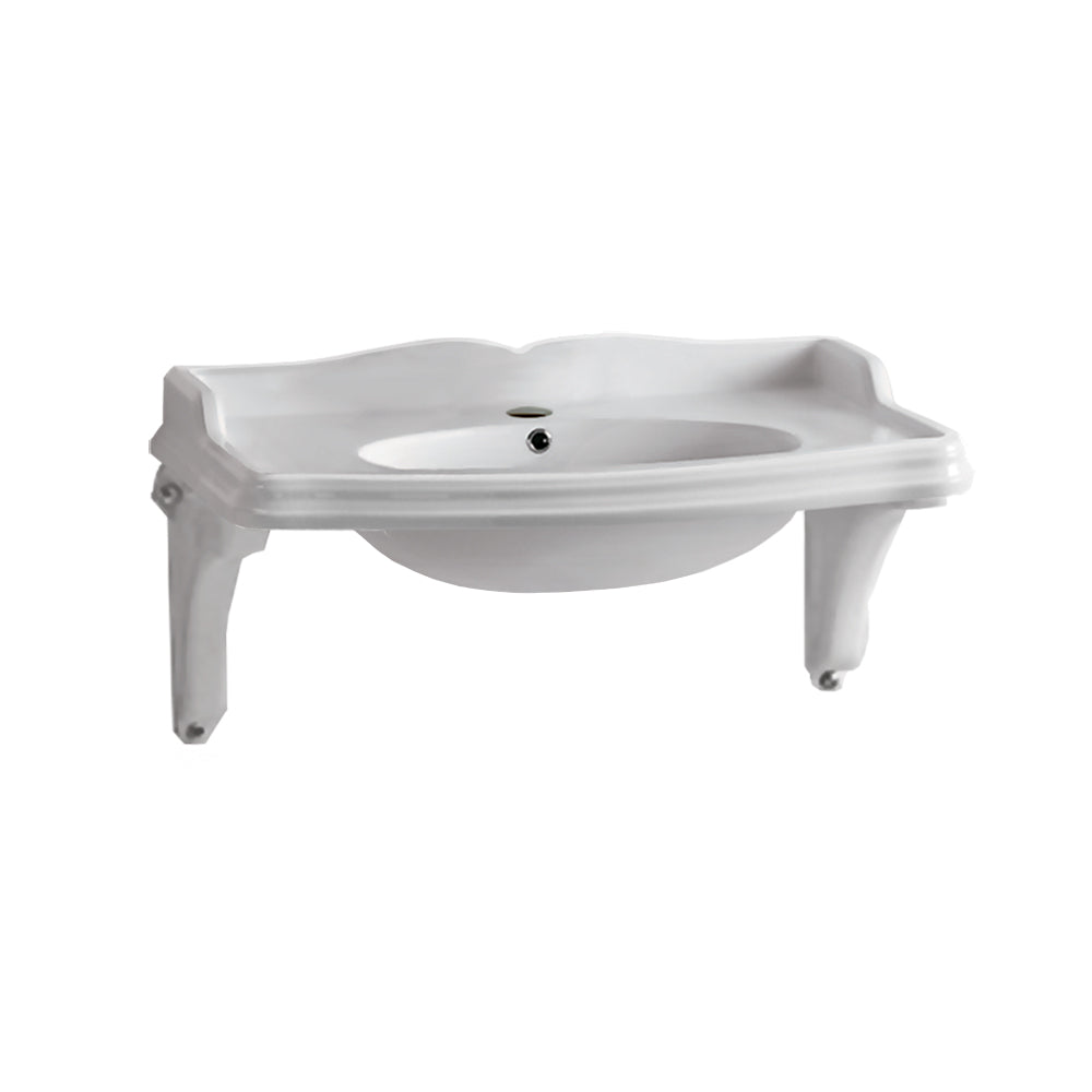 40" Large Rectangular Wall Mount Basin with Integrated Oval Bowl and Ceramic Shelf Supports