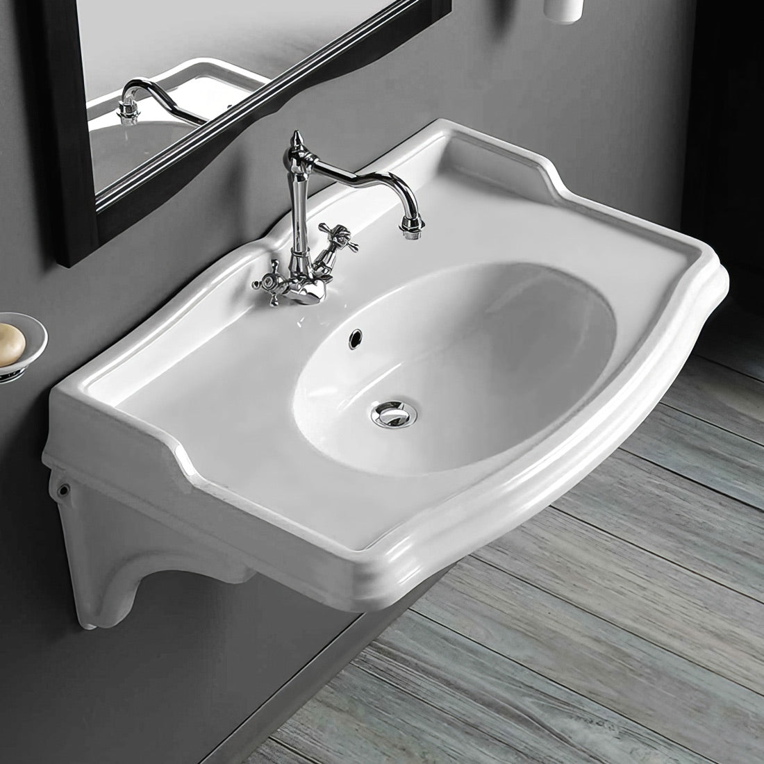 35" & 40" Large Traditional Wall Mount Basin with Integrated Oval Bowl and Ceramic Shelf Supports