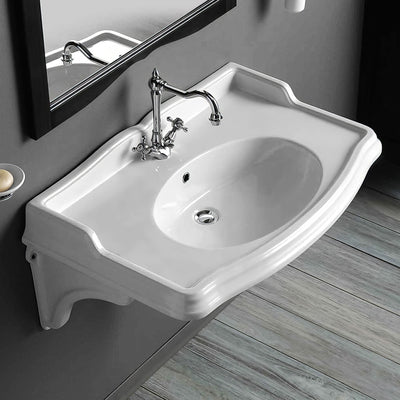 35" & 40" Large Traditional Wall Mount Basin with Integrated Oval Bowl and Ceramic Shelf Supports