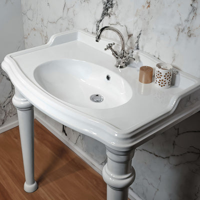 Rectangular Console Sink With Integrated Oval Bowl, Backsplash, Ceramic Leg Support and Overflow