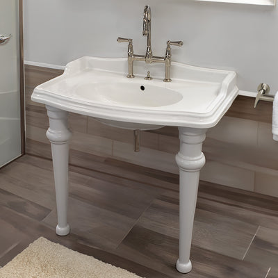 Rectangular Console Sink With Integrated Oval Bowl, Backsplash, Ceramic Leg Support and Overflow