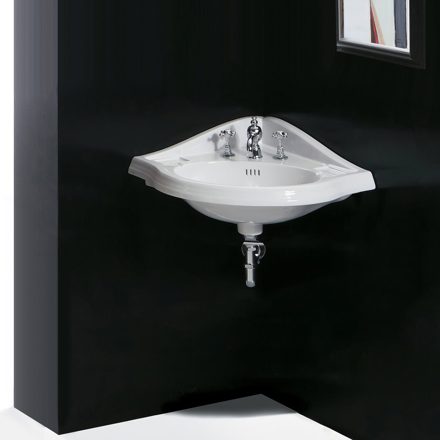 29" Corner Wall Mount Basin with Oval bowl, Backsplash, and Dual Soap Ledges