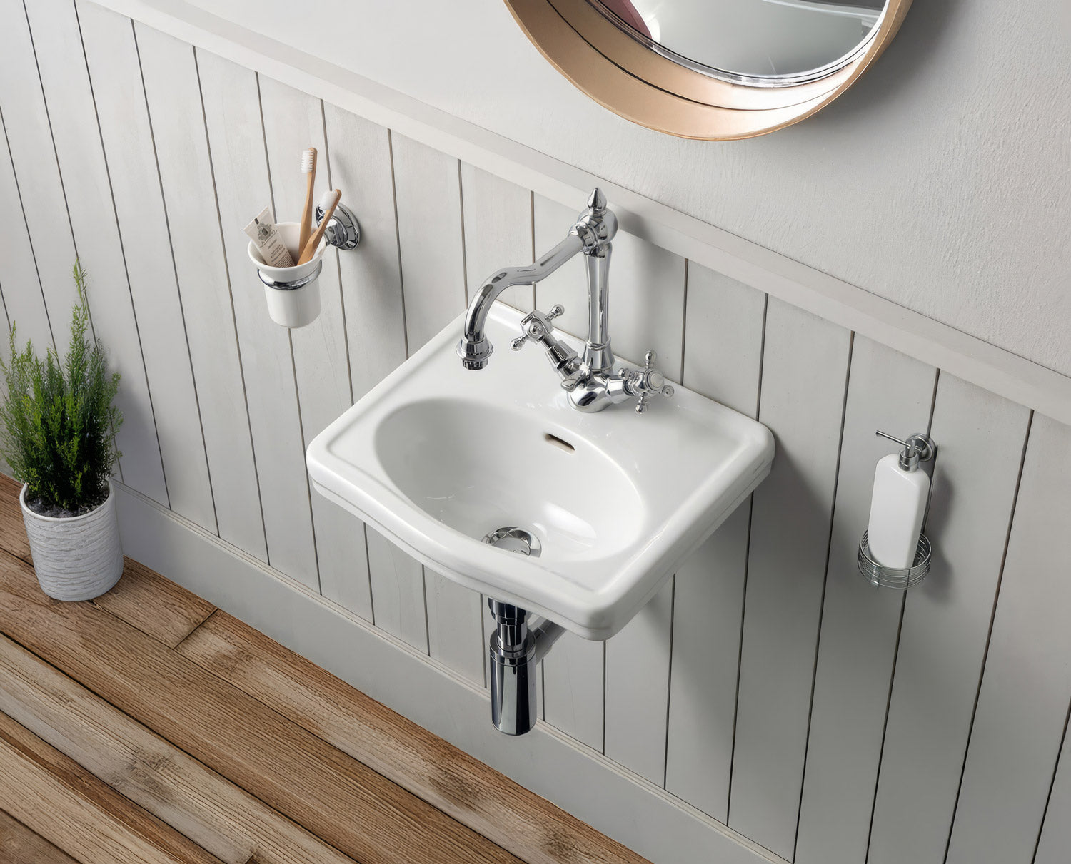 15" Rectangular Wall Mount Basin with Integrated Oval Bowl, Low-Rise Backsplash, Single Faucet Drilling and Overflow