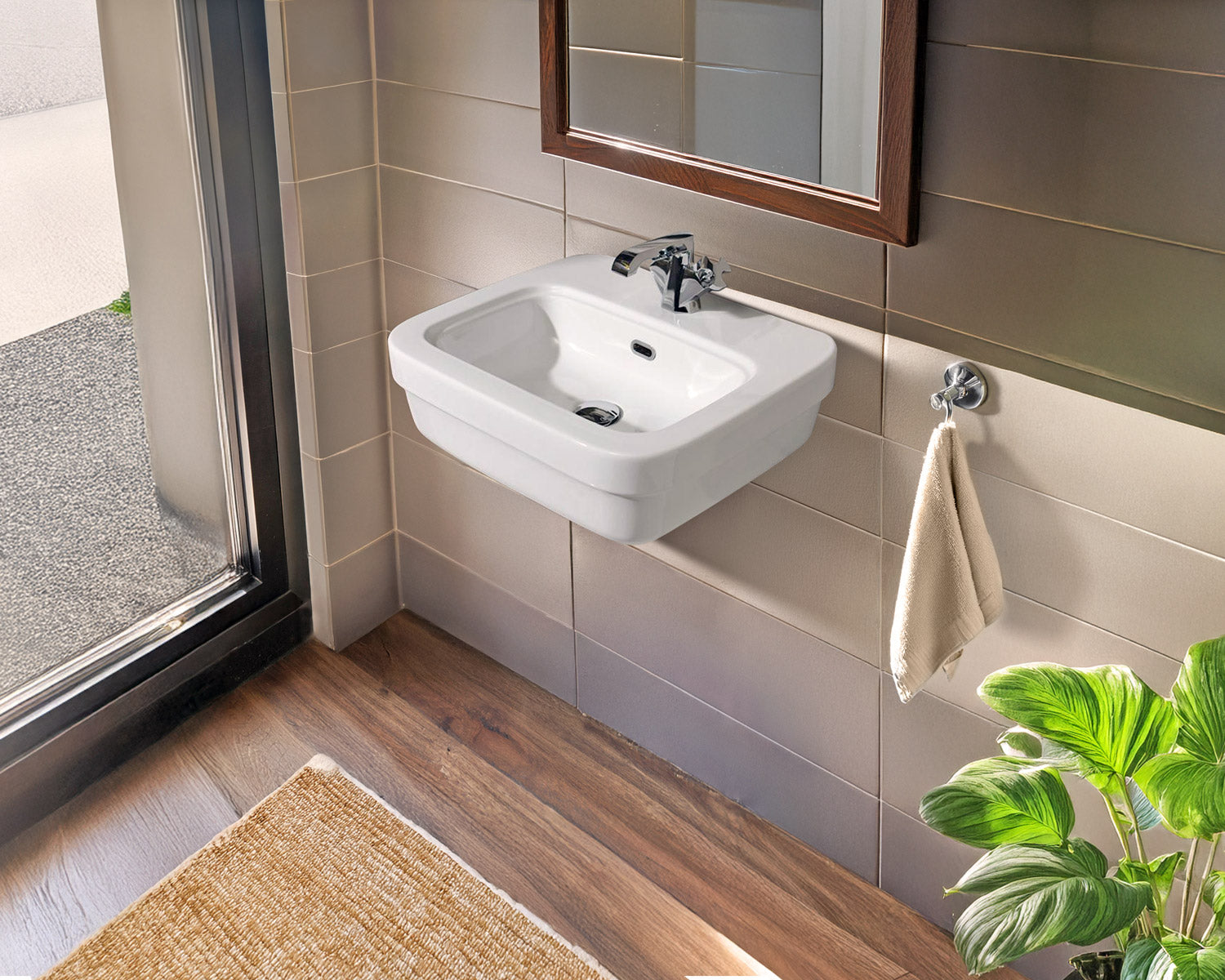 Rectangular Wall Mount Basin with Overflow Control Ledge, Single Faucet Drilling and Overflow