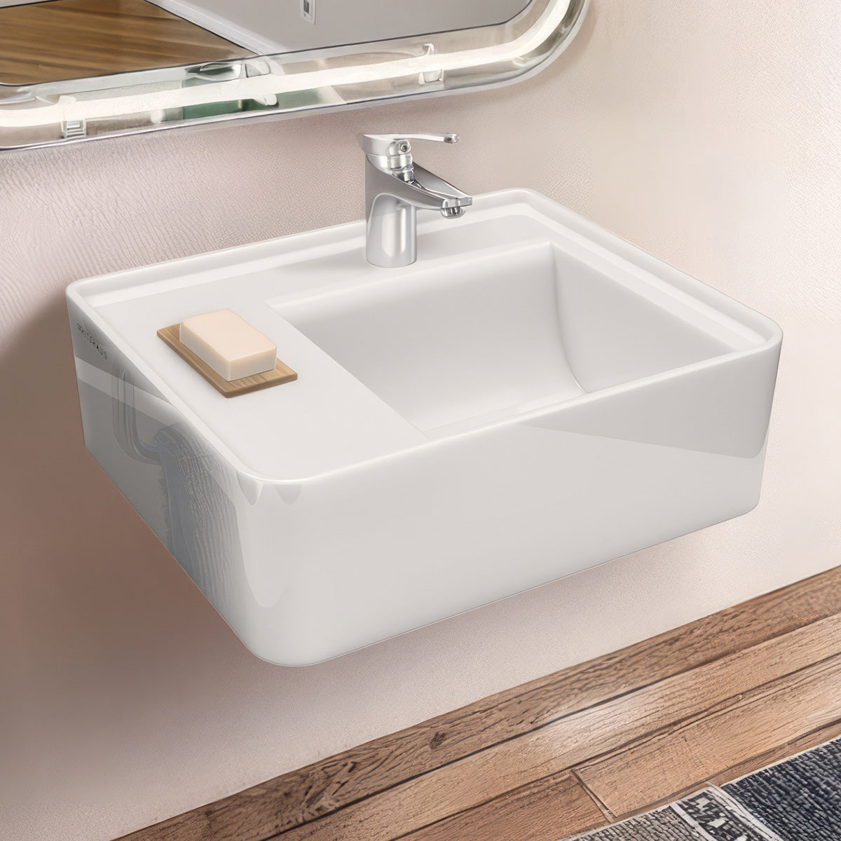 Rectangular Wall Mount Basin with Faucet Drilling Options and Rear Center Drain Location