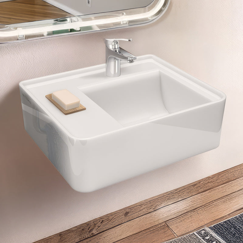 Rectangular Wall Mount Basin with Faucet Drilling Options and Rear Center Drain Location