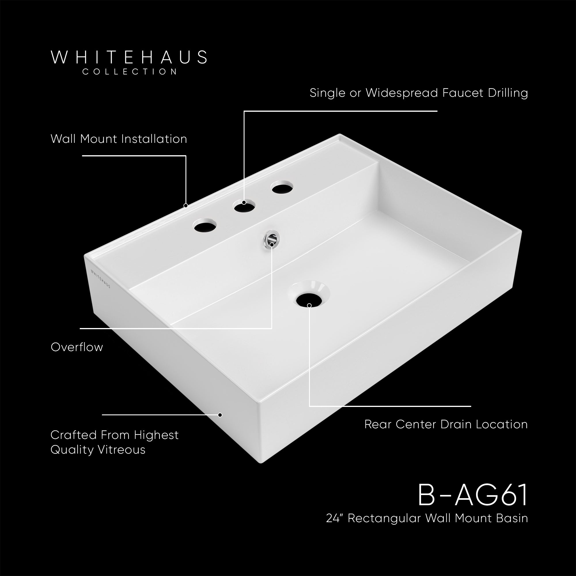 Rectangular Wall Mount Basin with Faucet Drilling Options and Overflow