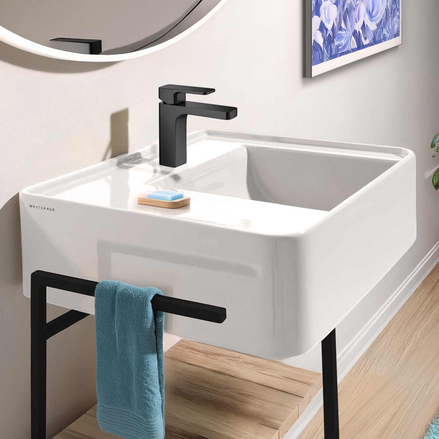 Rectangular Wall Mount Basin with Faucet Drilling Options and Rear Center Drain Location