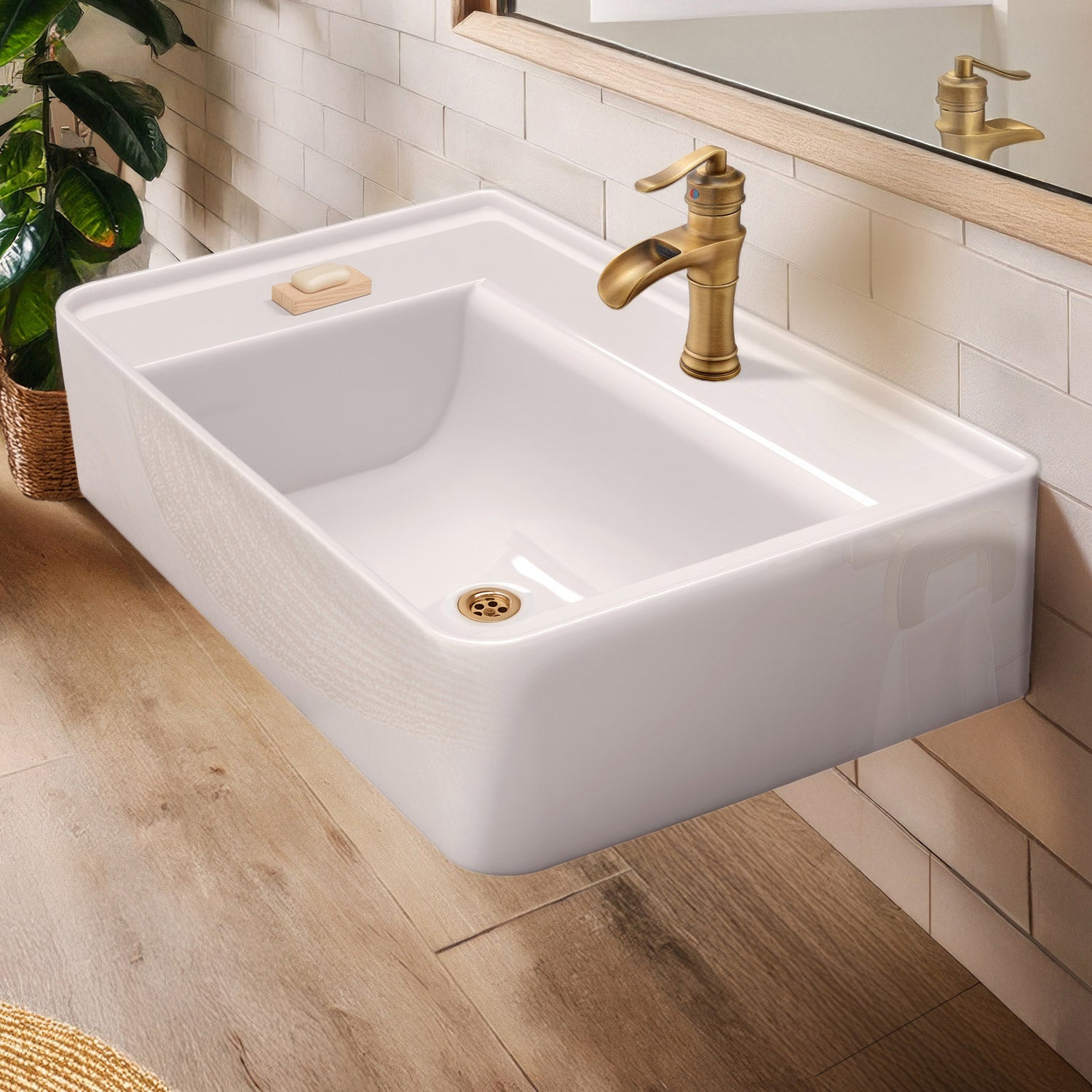 Rectangular Wall Mount Basin with Faucet Drilling Options and Rear Center Drain Location