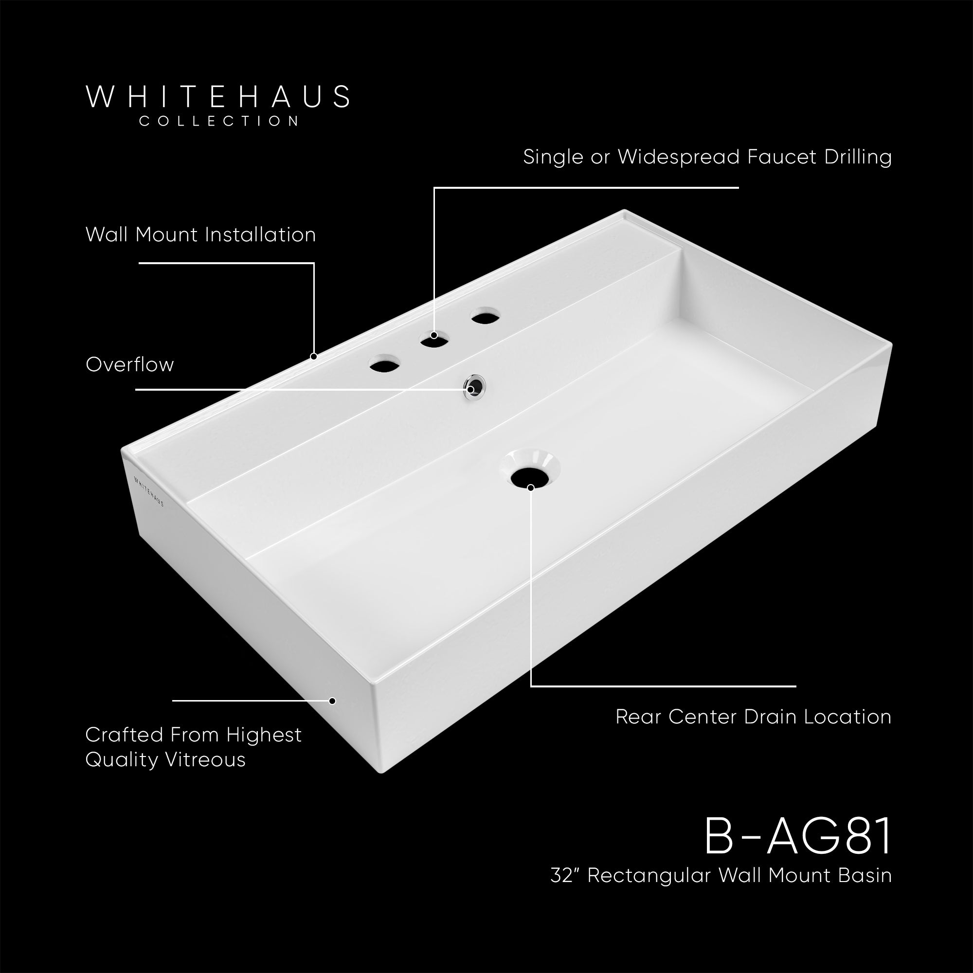 Rectangular Wall Mount Basin with Faucet Drilling Options and Overflow
