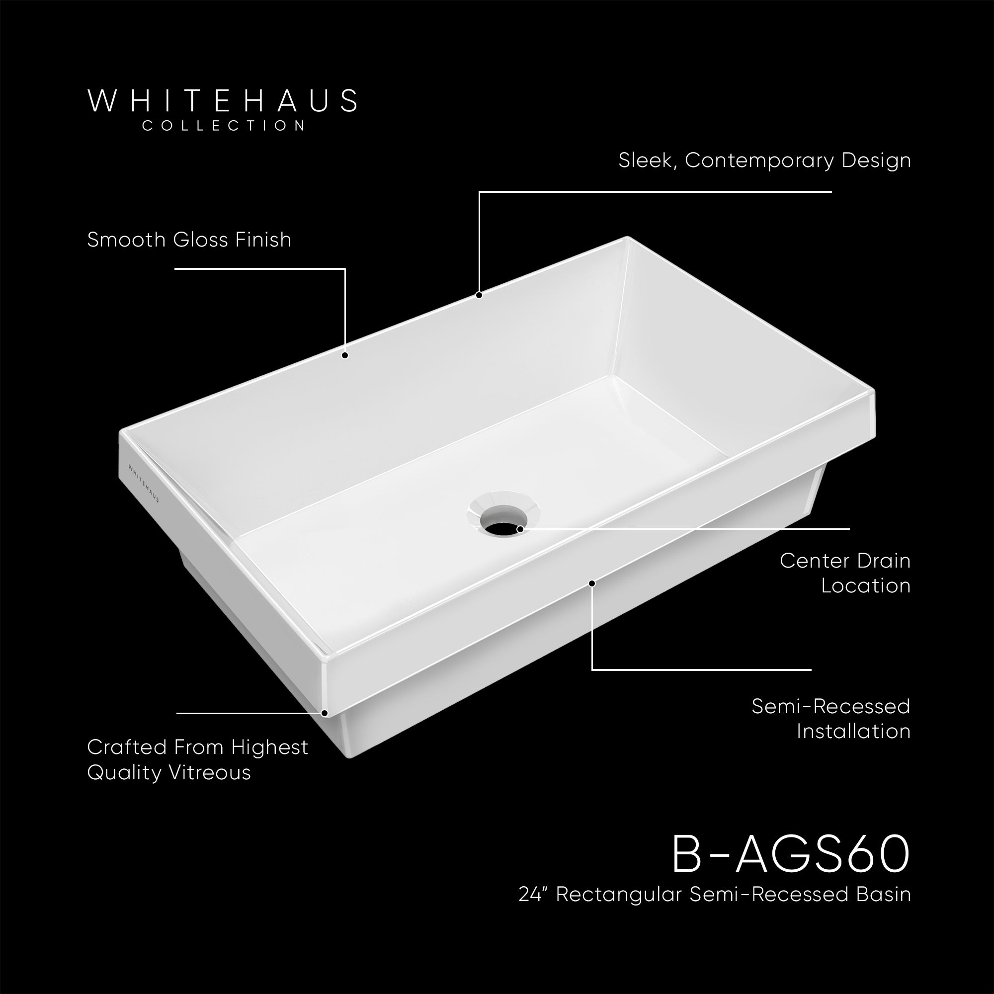 Rectangular Semi-Recessed Basin with Center Drain Location
