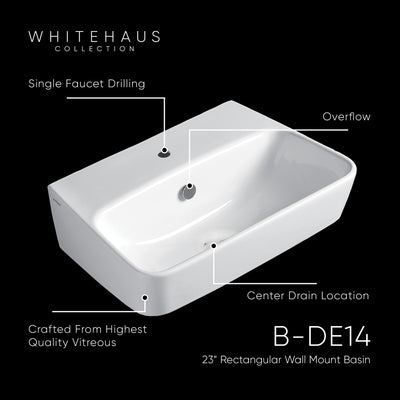 23" Rectangular Wall Mount Basin With Single Faucet Drilling and Overflow