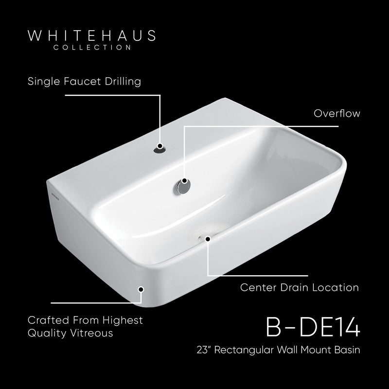 23" Rectangular Wall Mount Basin With Single Faucet Drilling and Overflow