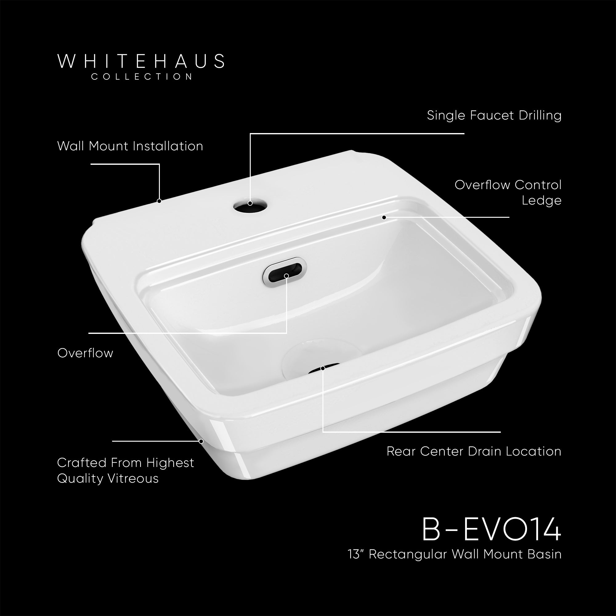 Rectangular Wall Mount Basin with Overflow Control Ledge, Single Faucet Drilling and Overflow