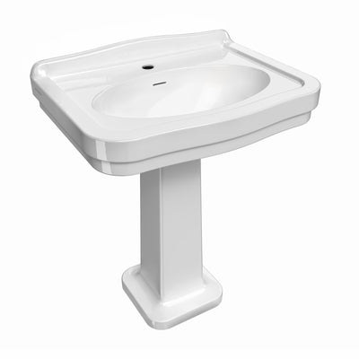 Pedestal sink with integrated oval bowl, low-rise backsplash, decorative trim & overflow