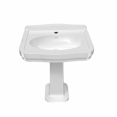 Pedestal sink with integrated oval bowl, low-rise backsplash, decorative trim & overflow