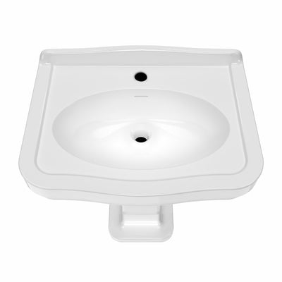 Pedestal sink with integrated oval bowl, low-rise backsplash, decorative trim & overflow