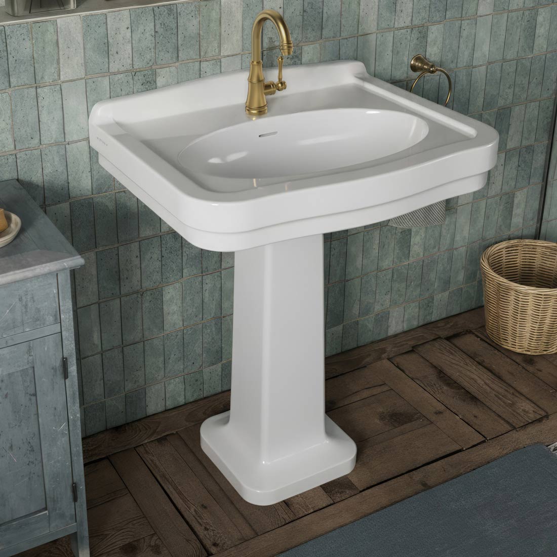 Pedestal sink with integrated oval bowl, low-rise backsplash, decorative trim & overflow