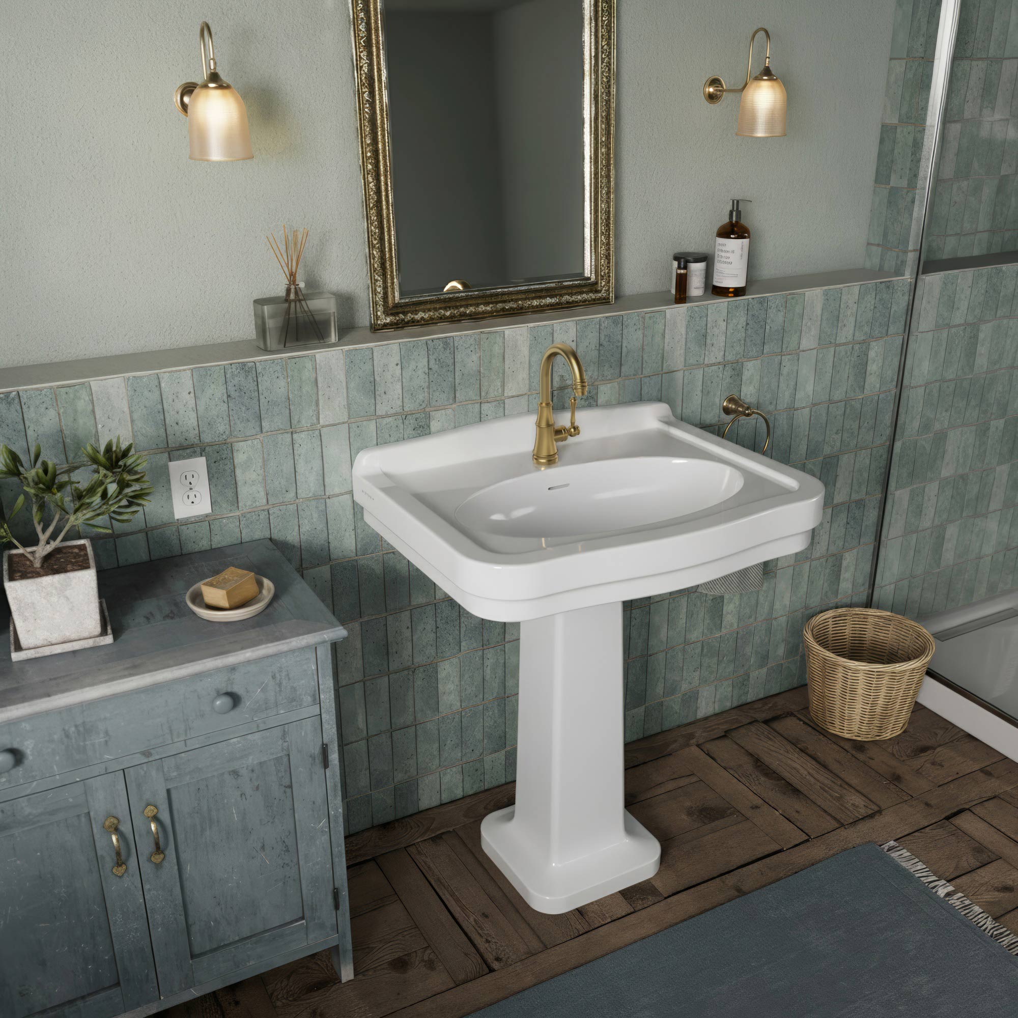 Pedestal sink with integrated oval bowl, low-rise backsplash, decorative trim & overflow