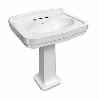 Pedestal sink with integrated oval bowl, low-rise backsplash, decorative trim & overflow