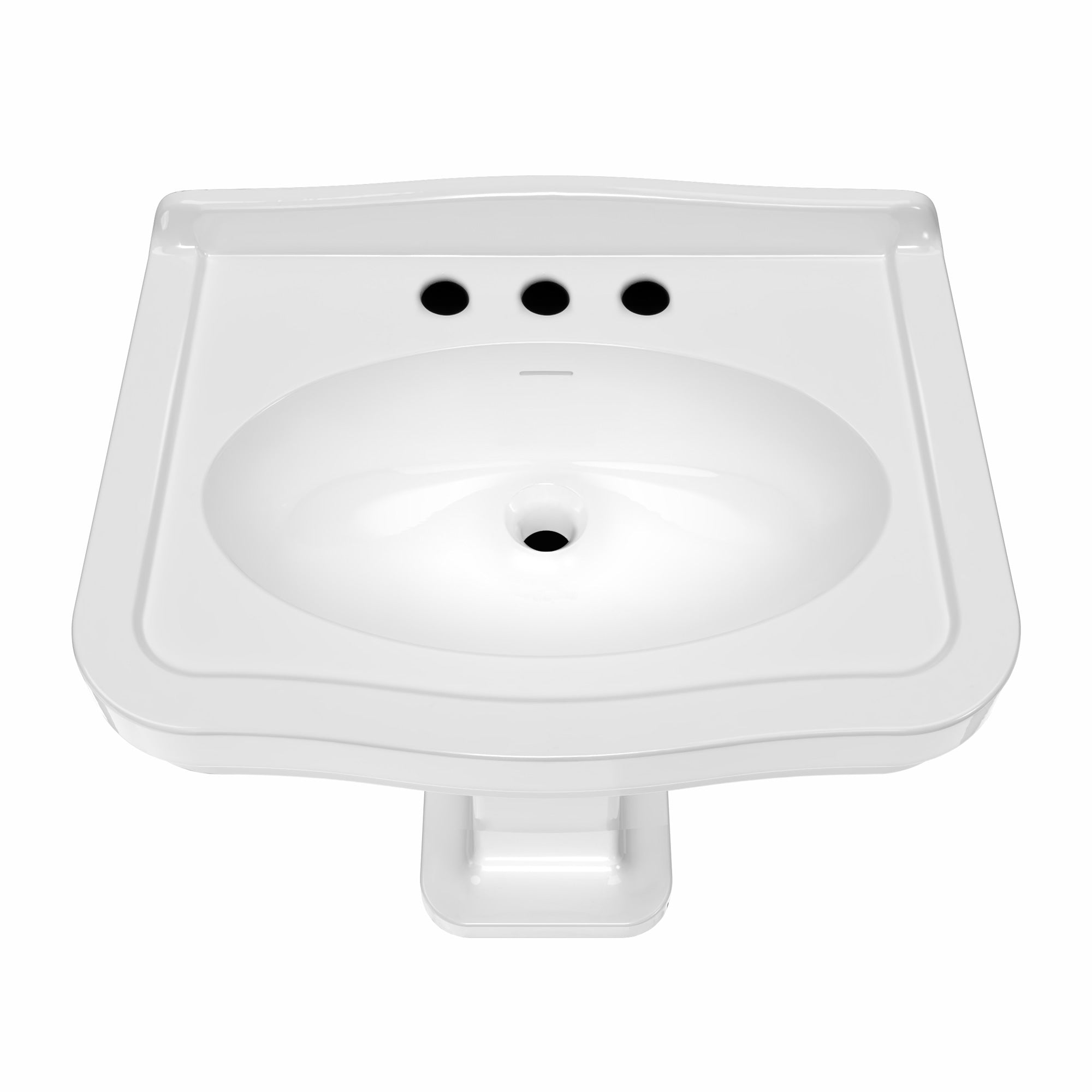 Pedestal sink with integrated oval bowl, low-rise backsplash, decorative trim & overflow