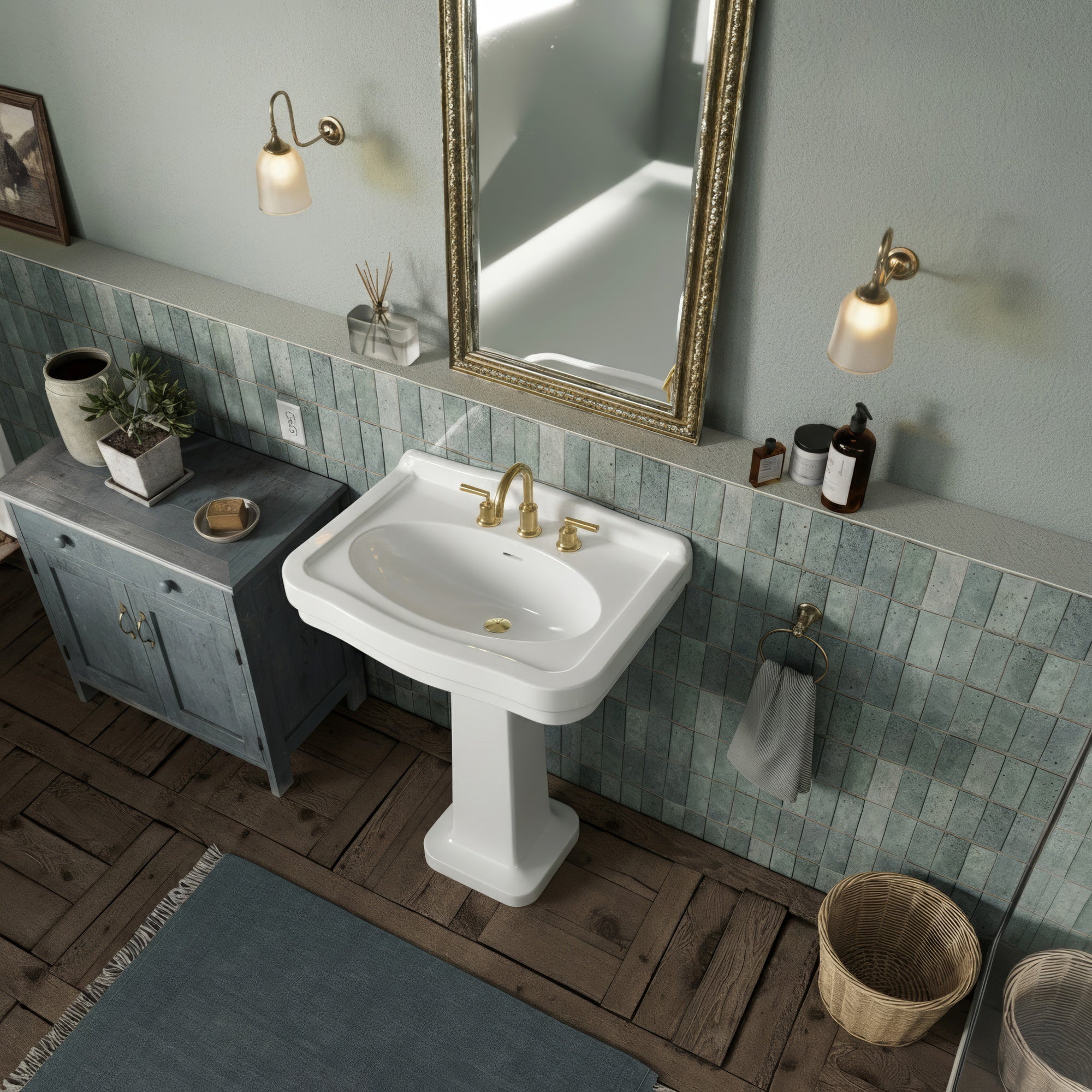 Pedestal sink with integrated oval bowl, low-rise backsplash, decorative trim & overflow