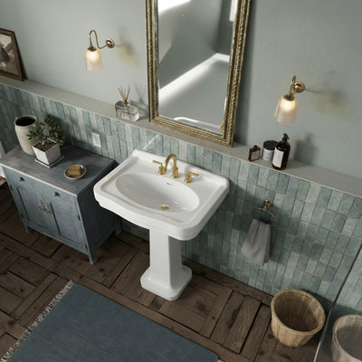 Pedestal sink with integrated oval bowl, low-rise backsplash, decorative trim & overflow