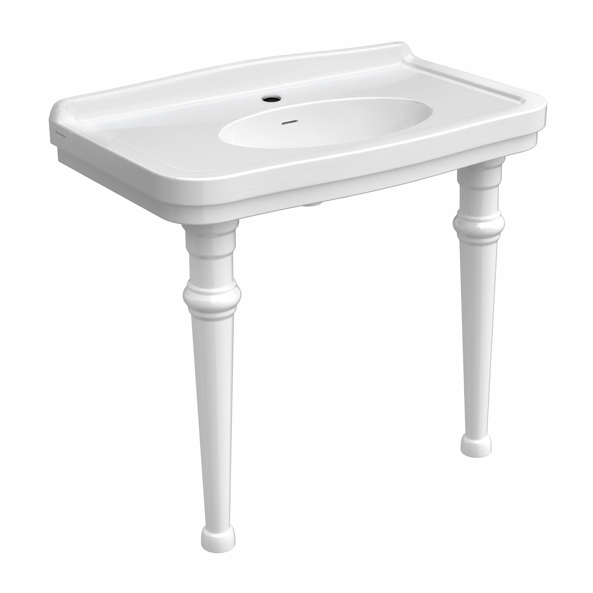 Console sink with integrated oval bowl, low-rise backsplash, ceramic leg support & overflow