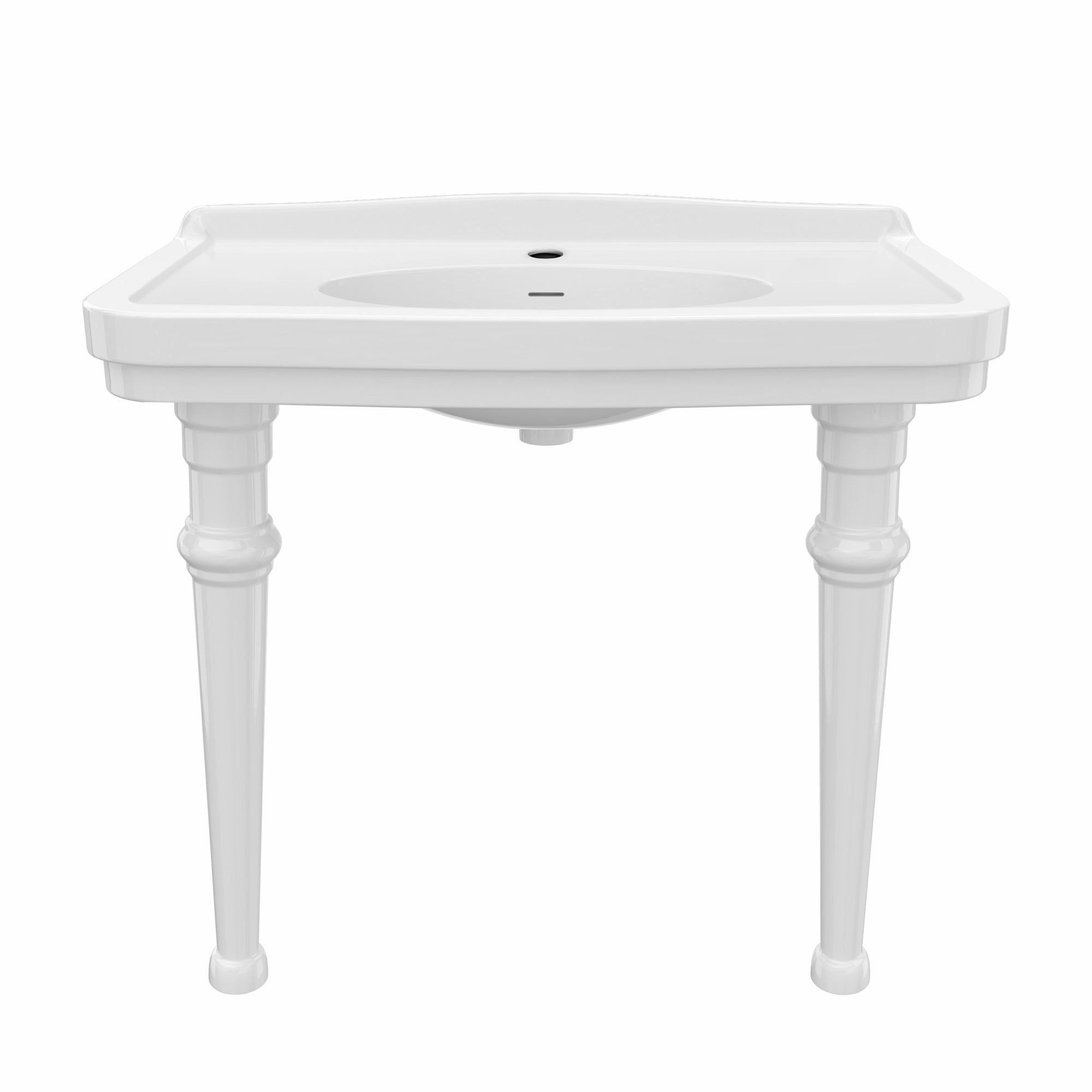 Console sink with integrated oval bowl, low-rise backsplash, ceramic leg support & overflow