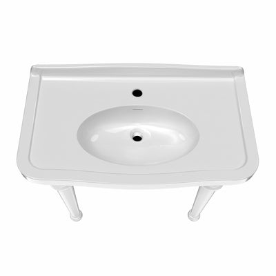 Console sink with integrated oval bowl, low-rise backsplash, ceramic leg support & overflow