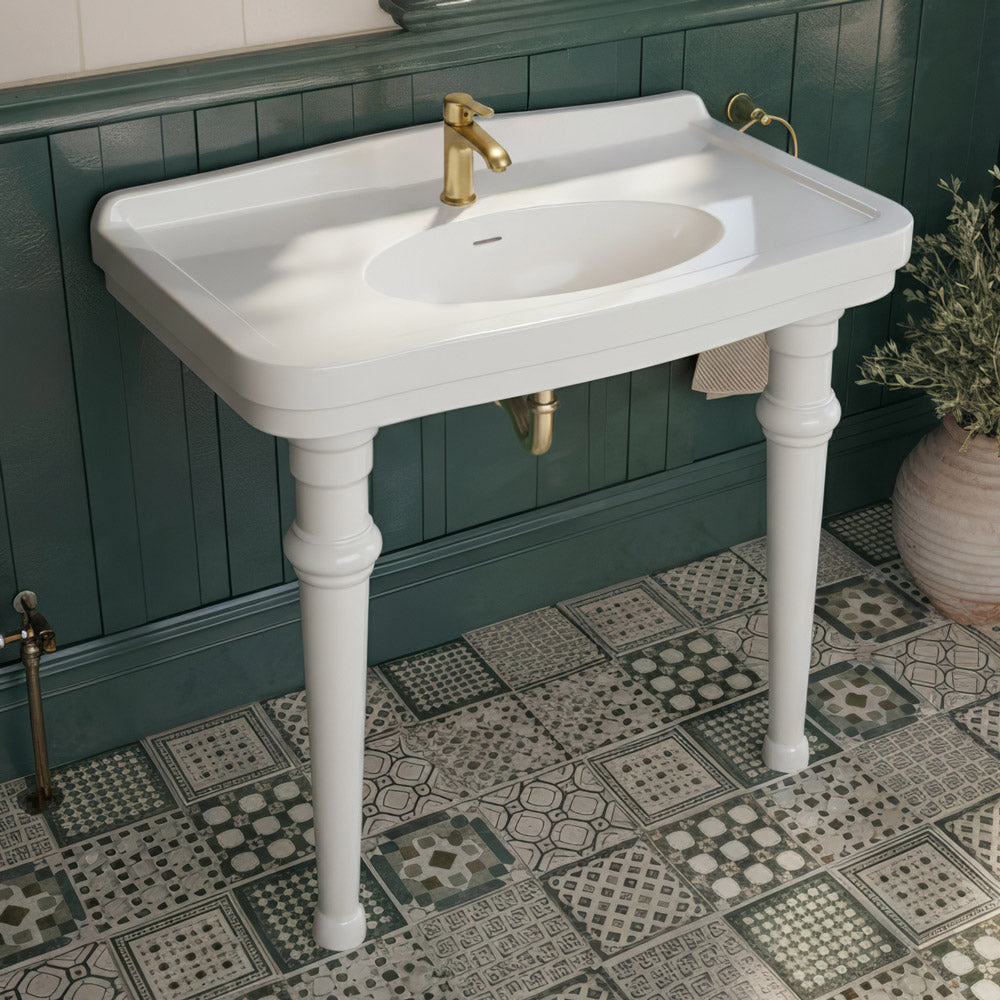 Console sink with integrated oval bowl, low-rise backsplash, ceramic leg support & overflow