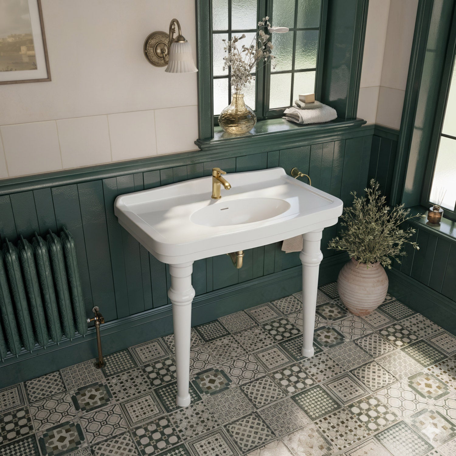 Console sink with integrated oval bowl, low-rise backsplash, ceramic leg support & overflow