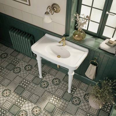 Console sink with integrated oval bowl, low-rise backsplash, ceramic leg support & overflow