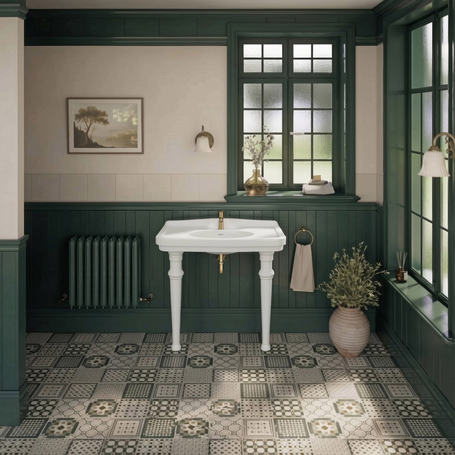 Console sink with integrated oval bowl, low-rise backsplash, ceramic leg support & overflow