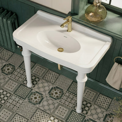 Console sink with integrated oval bowl, low-rise backsplash, ceramic leg support & overflow