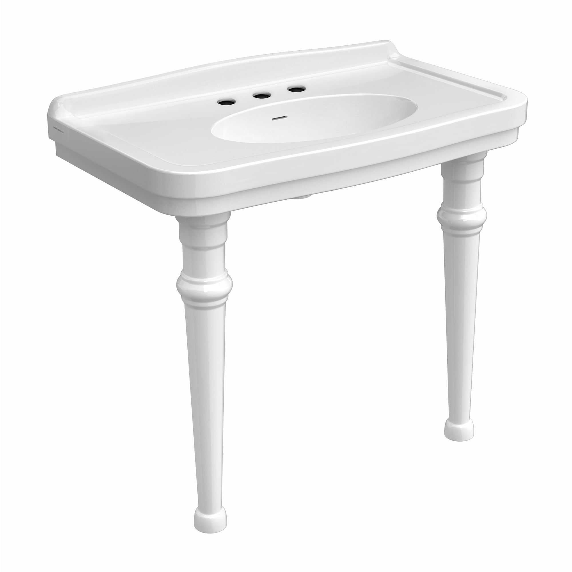 Console sink with integrated oval bowl, low-rise backsplash, ceramic leg support & overflow