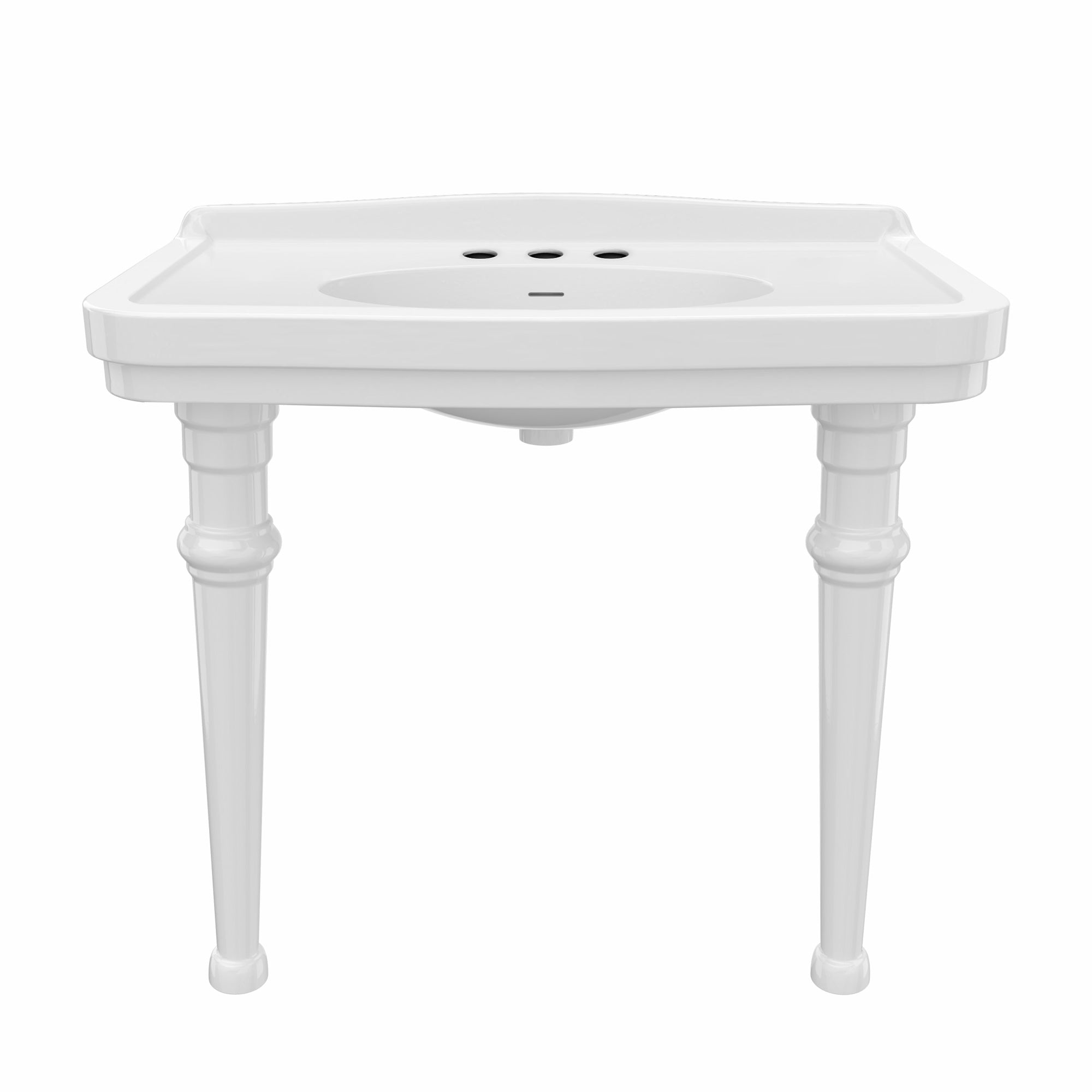 Console sink with integrated oval bowl, low-rise backsplash, ceramic leg support & overflow