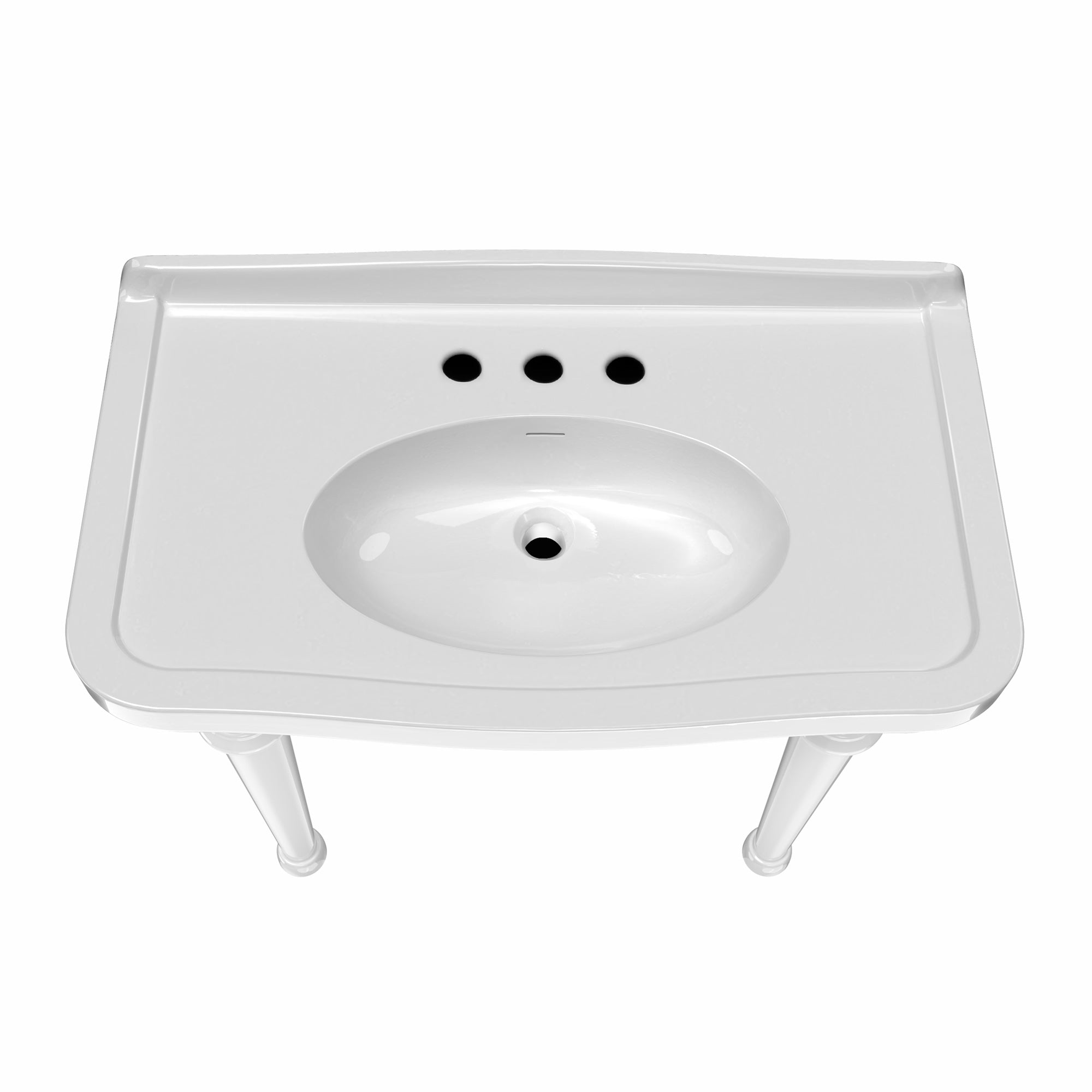 Console sink with integrated oval bowl, low-rise backsplash, ceramic leg support & overflow
