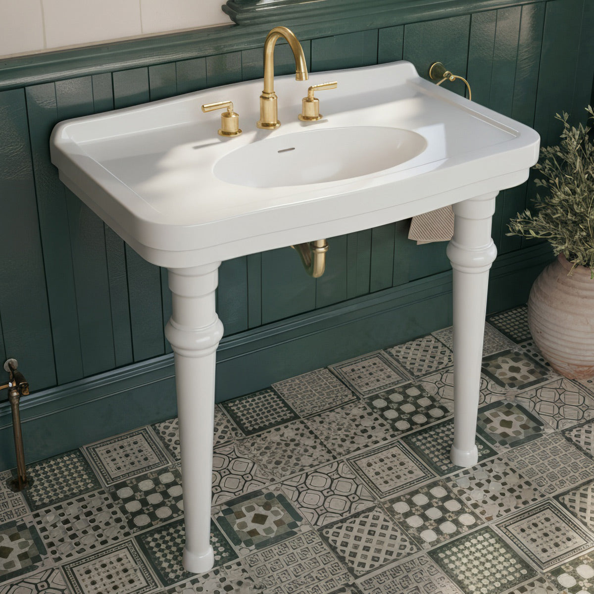 Console sink with integrated oval bowl, low-rise backsplash, ceramic leg support & overflow
