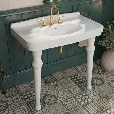 Console sink with integrated oval bowl, low-rise backsplash, ceramic leg support & overflow