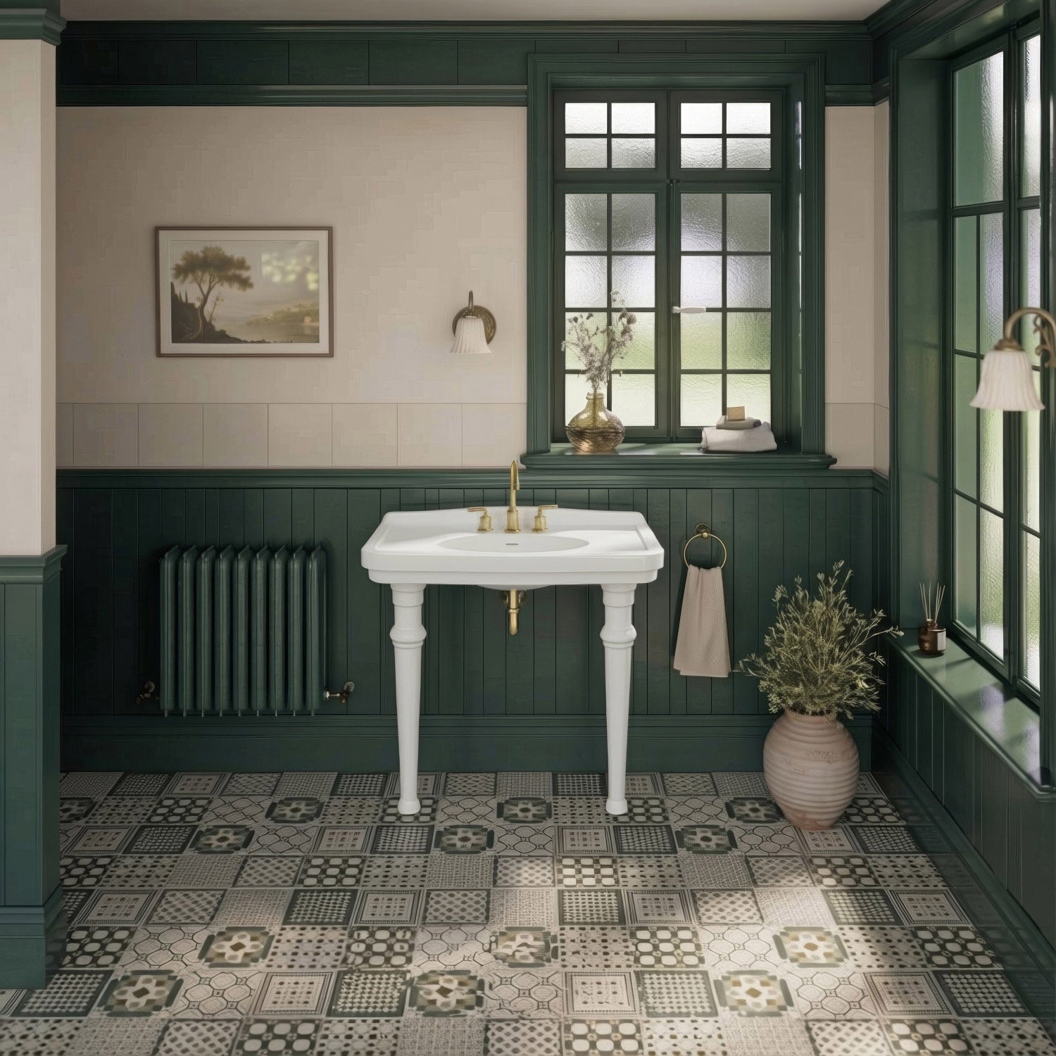 Console sink with integrated oval bowl, low-rise backsplash, ceramic leg support & overflow