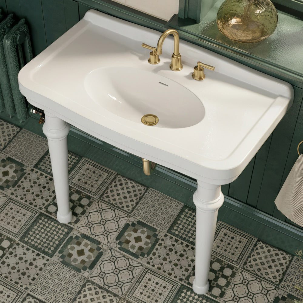Console sink with integrated oval bowl, low-rise backsplash, ceramic leg support & overflow